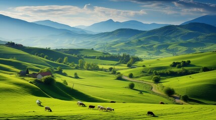 Fototapeta premium landscape with green field and blue sky.