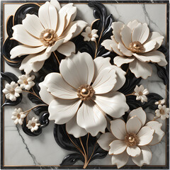 Paneled wall art creations feature intricate marble designs interwoven with striking flowers, capturing the essence of a powerful yet subtle aesthetic.