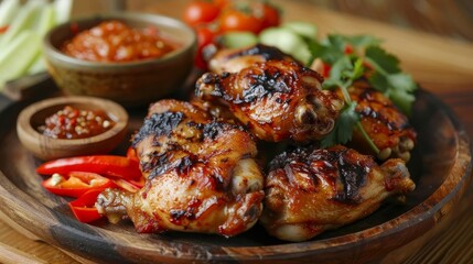 a wooden bowl filled with chicken and vegetables sits on a wooden table, accompanied by a red peppe