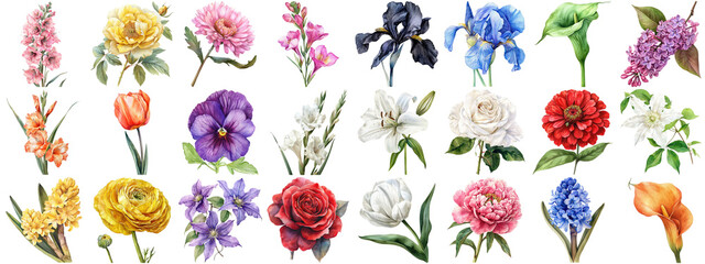 Watercolor flower set isolated background. Various floral collection of nature blooming flower clip...