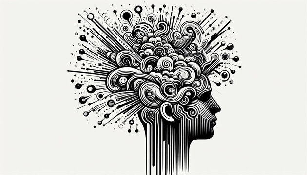 Black line drawing mind blown exploding head brain side profile