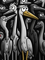 A quirky crowd of monochrome cartoon birds comes to life with a splash of yellow, providing a stark, humorous contrast.