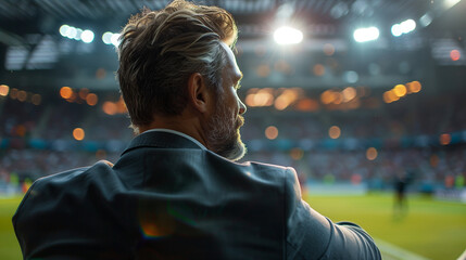In a football stadium, a professional football manager stands confidently, his stylish attire...