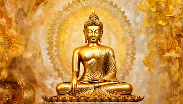 Chinnarat golden-hued abstract painting with intricate patterns on the left side, blending into a soft blur, high detail, vibrant colors