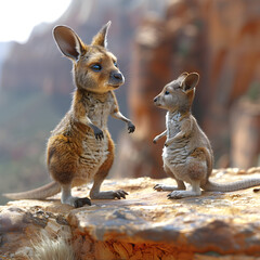 A 3D animated cartoon render of a fearless wallaby hero rescuing a scared kid from a dangerous ledge.