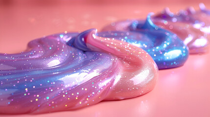 blue and pink bottles,
 Soft Pop Slime with Glitter Stretched in Satisfy  - obrazy, fototapety, plakaty