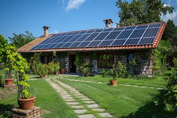 A small private house with a vineyard and solar panels on the roof.