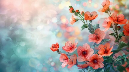 Red flowers on green stems on an abstract background.