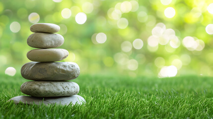 The stone arrangement is arranged upwards on beautiful green grass with a blurred light background