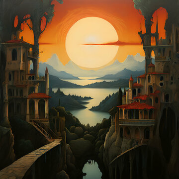 alloro art building sunset plants tree flower queen aground blue sky and sunset, generate ai