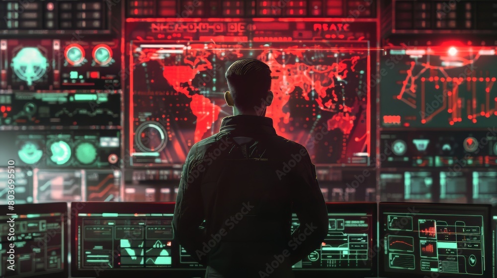Aufkleber a man is looking at a computer screen with a red background. the computer screen is filled with vari