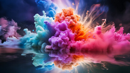 A vibrant explosion of colors in an underwater ink cloud, creating a mesmerizing dance of hues. An artistic and abstract visual spectacle