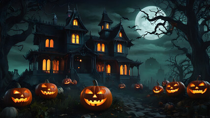 Fototapeta premium Halloween background with pumpkins and haunted house - 3D render. Halloween background with Evil Pumpkin. Spooky scary dark Night forrest