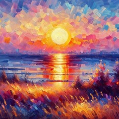 Impressionistic Sunset Over Vibrant Waterfront