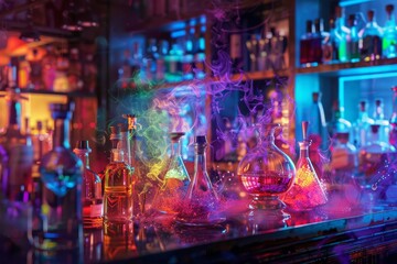 A bar with a variety of glowing and smoking beakers and bottles. The image should be dark and mysterious, with a hint of danger.