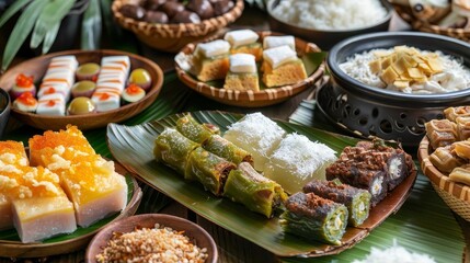 a table set with a variety of food items, including white rice, brown bowls, and a wicker basket, a