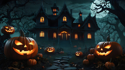 Halloween background with pumpkins and haunted house - 3D render. Halloween background with Evil Pumpkin. Spooky scary dark Night forrest