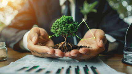 A businessman's hands are working with a growth tree on a graph chart and through a sustainable development lens for a green energy business plan concept, in the style of a real photo