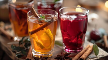 a wooden table is adorned with a variety of drinks, including a red glass, a clear glass, and a tal