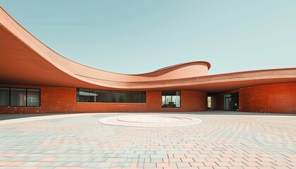Modern art curved building with empty brick square against clear sky background