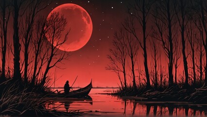 Halloween night scene with bats and moon over a tranquil lake at sunset