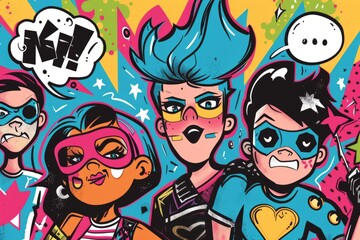 Cartoon cute doodles of a pop-punk themed comic book, featuring superheroes with punk attitudes and rebellious adventures, Generative AI