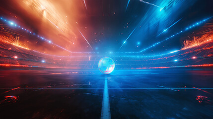 Obraz premium Luxury of Football stadium 3d rendering with red and blue light isolation background, Illustration