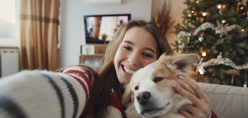 Young Woman Taking Christmas Selfie with Her Dog.