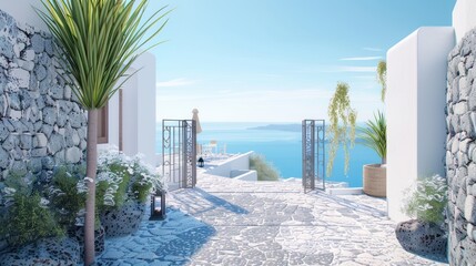 White architecture on Santorini island, Greece. Summer seascape. View of the sea and the blue sky...