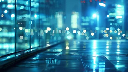 Bokeh lights illuminating cityscape at night reflected on wet surface