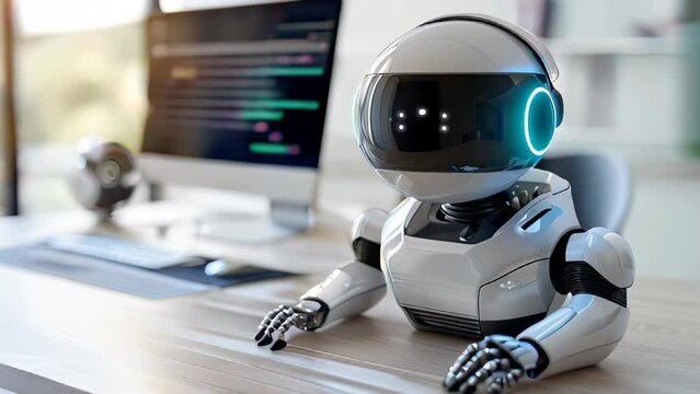 Futuristic robot with humanoid features sitting at desk dual computer setup