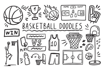 Basketball doodle elements set. basket sport ball, winner cup. Hand drawn sketch style. © Yanka