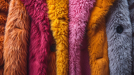 close up of a fur coat,
Three Vibrant Furry Coats Stand Side by Side Sho