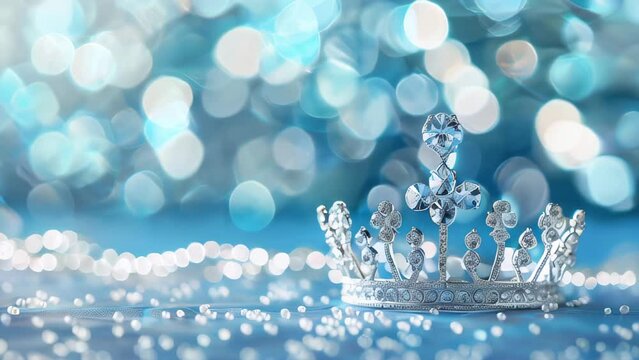 Sparkling silver tiara with blue gem centerpiece on bokeh light background