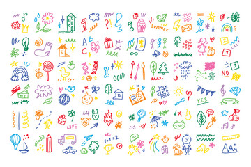 Doodle kids color set. Hand drawn simple decorative elements. Various icons, hearts, stars, lines