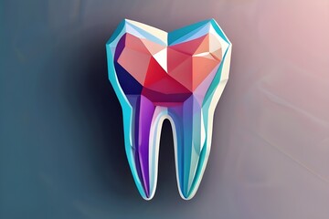 Futuristic abstract tooth symbol. Dental treatment concept. Low poly geometric 3d wallpaper background vector illustration. Generative AI