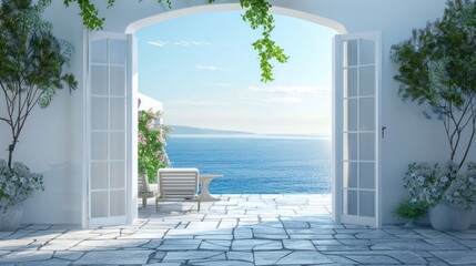 White architecture on Santorini island, Greece. Summer seascape. View of the sea and the blue sky...