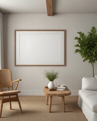 Empty Mock up Picture Frame on Cozy Living's Room Beige Wall
