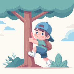 vector set of happy boys climbing trees