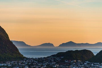 top view of Alesund during a sunset in a sunny evening, Norway