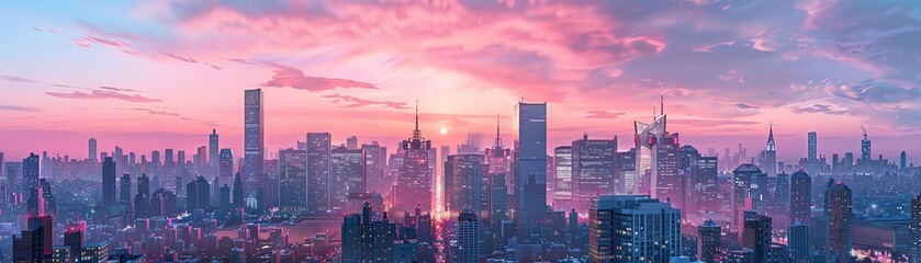 Transform a blank canvas into a vibrant urban cityscape at sunrise, with towering skyscrapers gleaming under soft pink skies Include intricate details of city life below