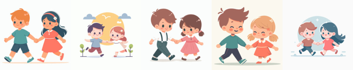set of vector little boy and girl walking hand in hand