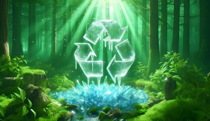 Bright symbols on plastic bottles. Complemented by lush greenery and beams of sunlight. Ideal for discussions about recycling practices. environmental health and sustainable development