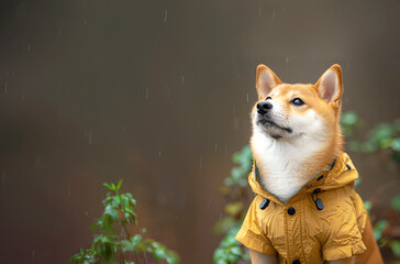 梅雨の公園でペット用のカッパを着ておすわりしている柴犬
