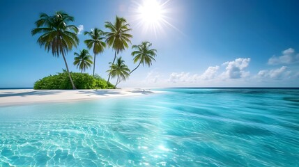 Tropical paradise with crystal-clear waters and sun-kissed palms