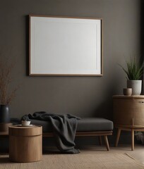 Blank wood horizontal frame mockup interior background, 3d rendering. Empty rectangular wooden desk with canvad mock up,