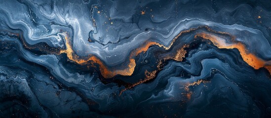 Vibrant close-up image showcasing a mesmerizing fluid painting with dominant orange and blue colors blending creatively