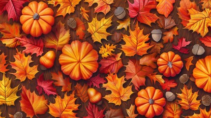 Seamless pattern background of Autumn Leaves and Pumpkins 