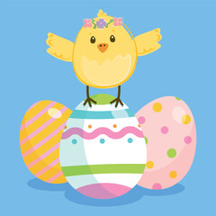 Easter holiday vector illustration. The chicken flies next to the Easter eggs. Easter decor for the holiday.