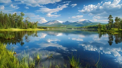 Serene lake with mountain reflections and clear blue skies
